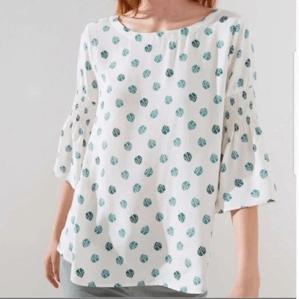 LOFT Women's White Green Leaf Print Bell Sleeve V-Neck Blouse Top Size S